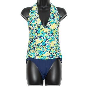 Lauren Ralph Lauren Swimsuit One Piece Halter Y2K Retro Floral Blue Yellow 8